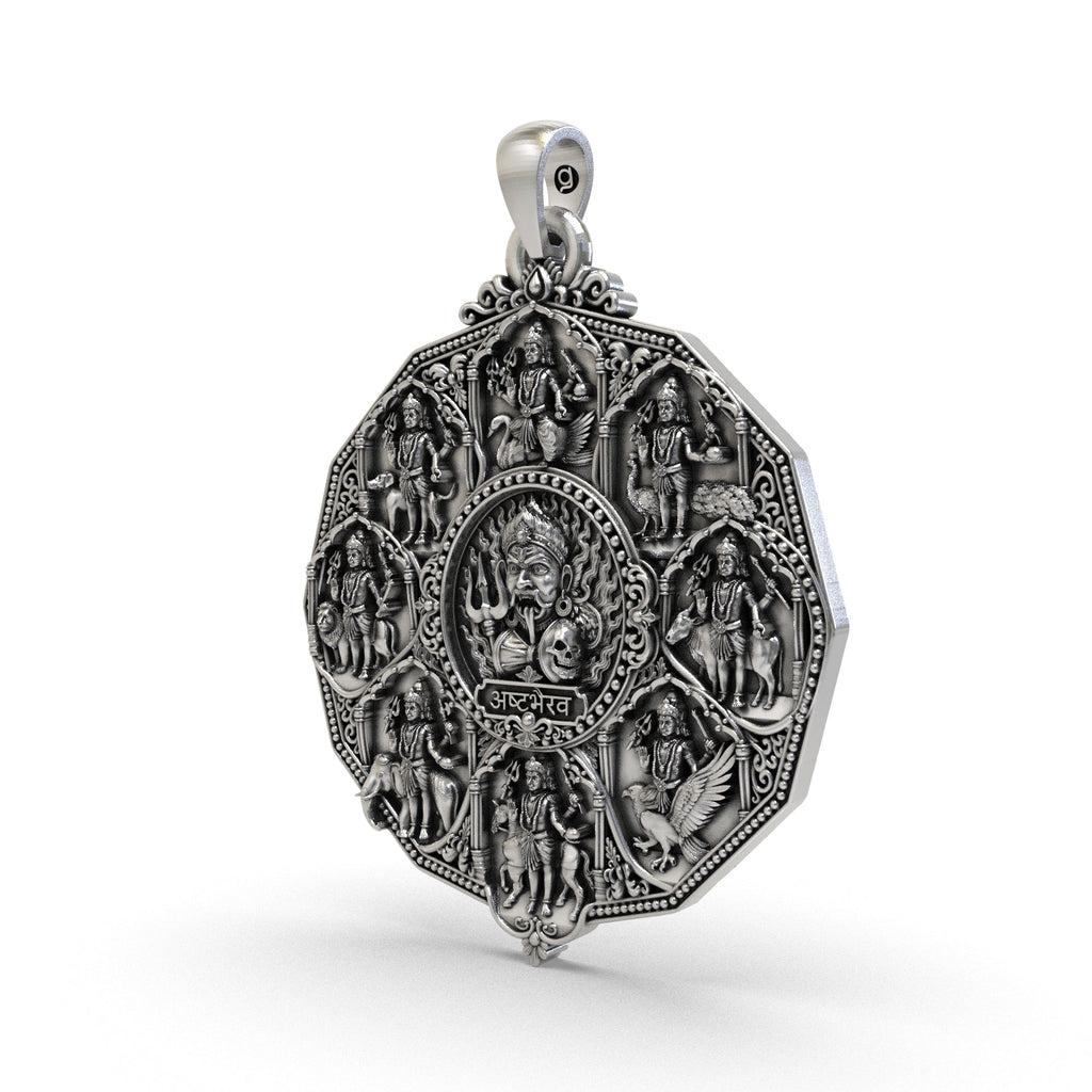 Close-up of the Ashta Bhairav deity details on a 925 sterling silver pendant with antique oxidized finishing, created in a traditional temple-art style for meditation and worship.