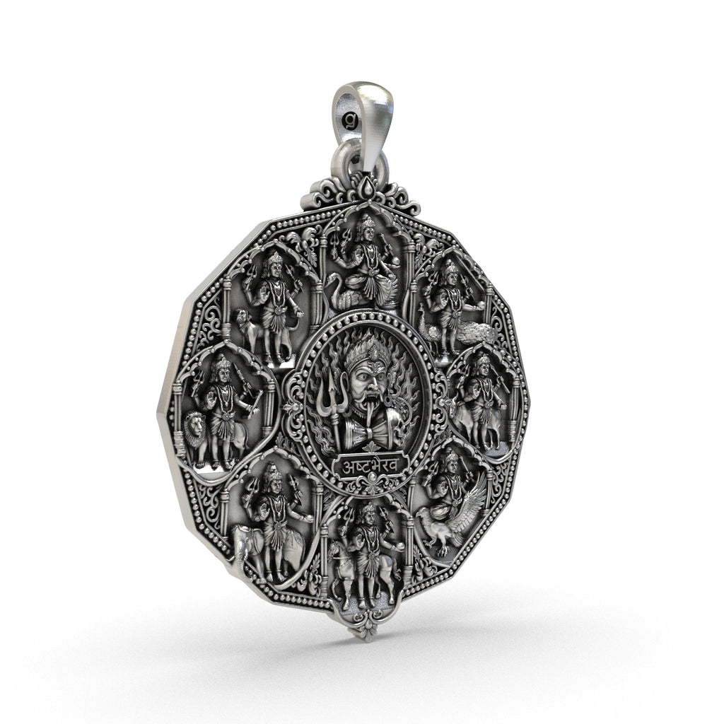 Detailed Ashta Bhairav 925 sterling silver temple pendant showing the eight sacred Bhairav forms in an antique oxidized finish, suitable for temple visits and devotional styling.