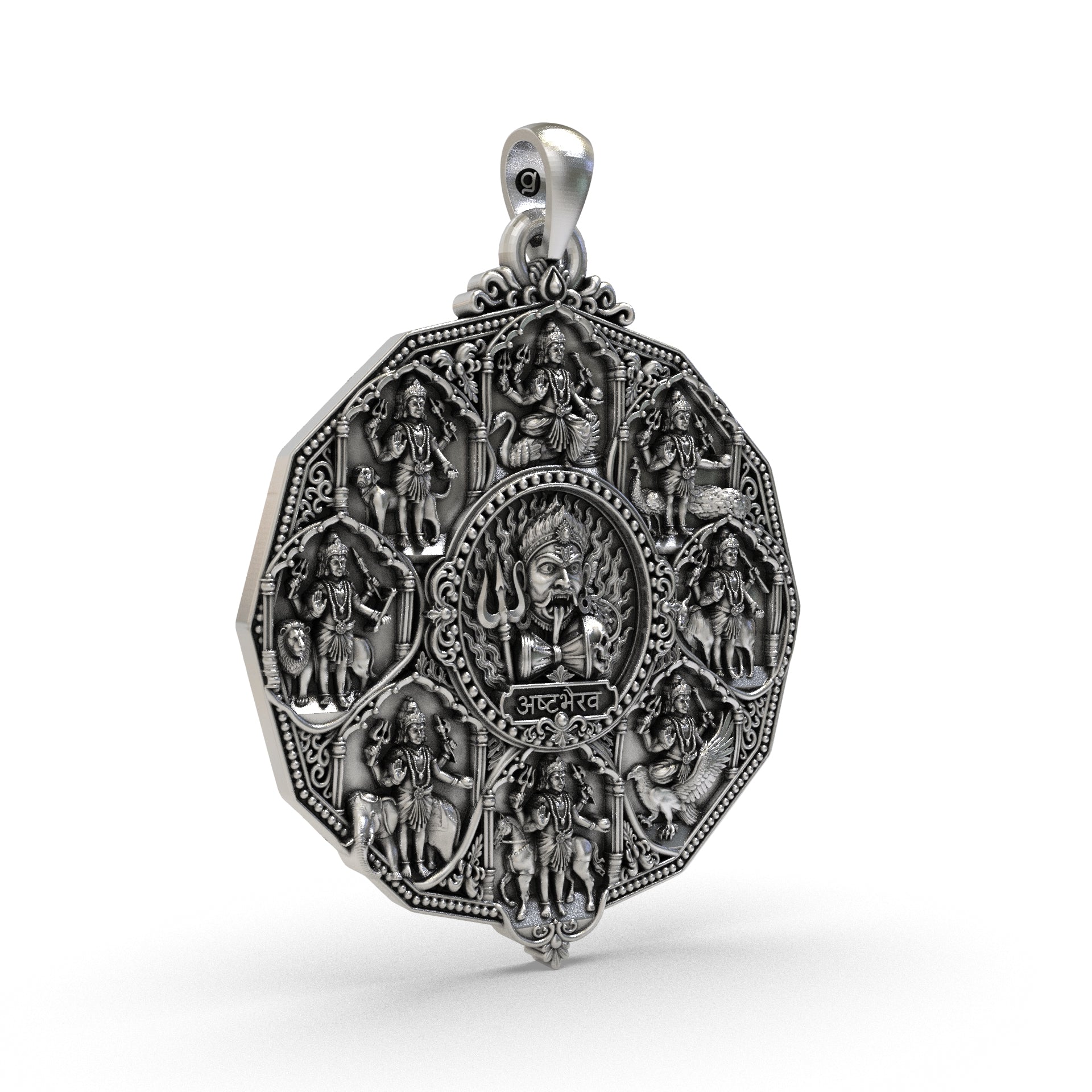 Detailed Ashta Bhairav 925 sterling silver temple pendant showing the eight sacred Bhairav forms in an antique oxidized finish, suitable for temple visits and devotional styling.