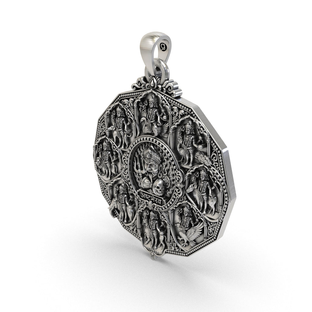 Large square Ashta Bhairav deity locket in 925 sterling silver with an antique oxidized finish and intricate Hindu temple-art detailing for puja, meditation, or spiritual gifting.