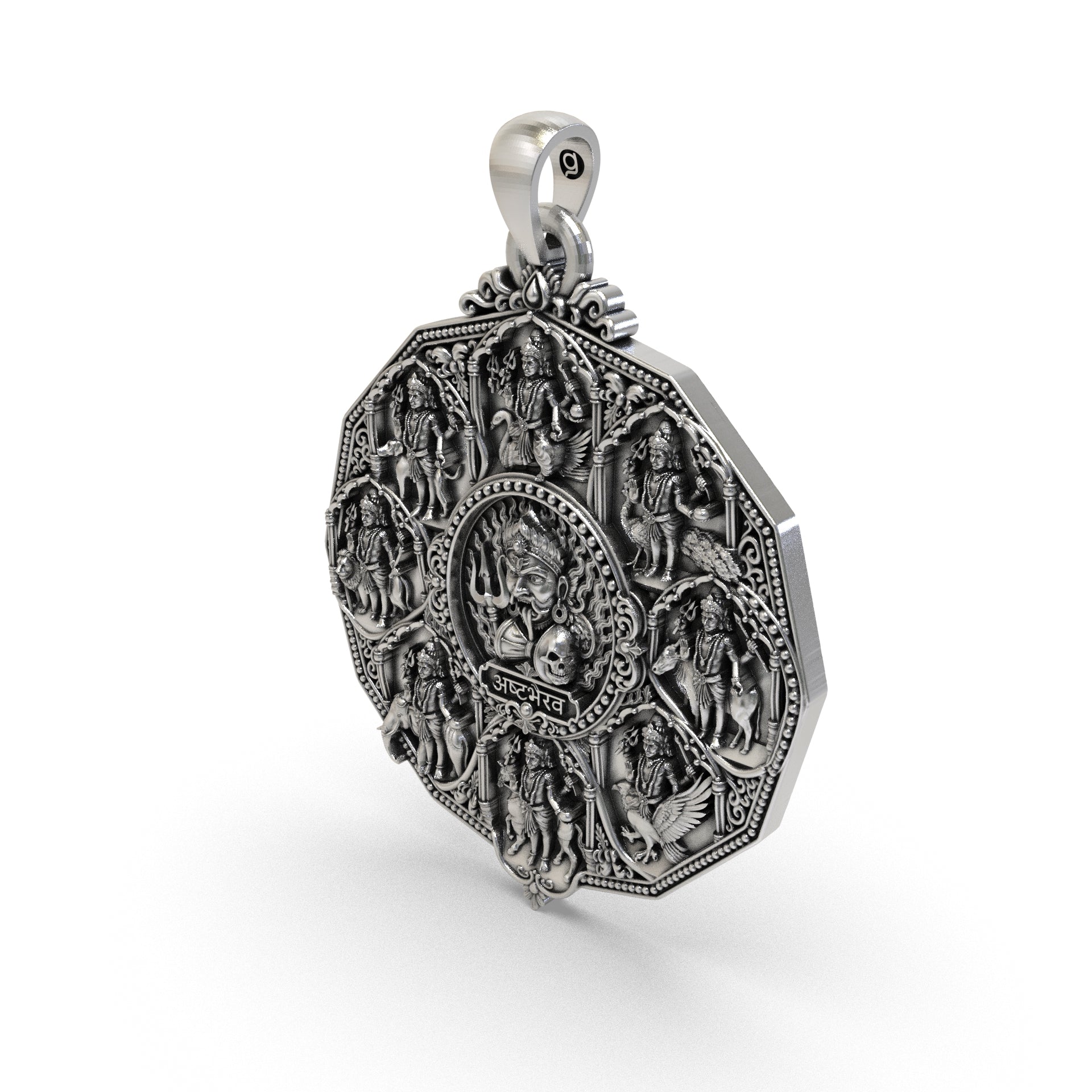 Large square Ashta Bhairav deity locket in 925 sterling silver with an antique oxidized finish and intricate Hindu temple-art detailing for puja, meditation, or spiritual gifting.