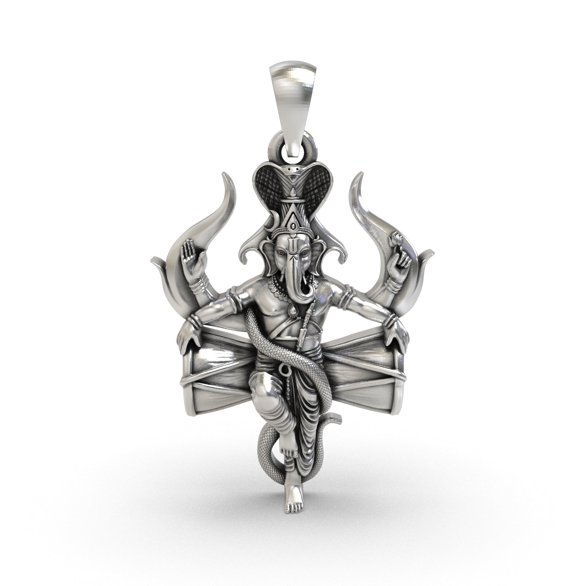 925 sterling silver Dancing Ganesha pendant with Damru, cobra hood and antique oxidized finish Main image
