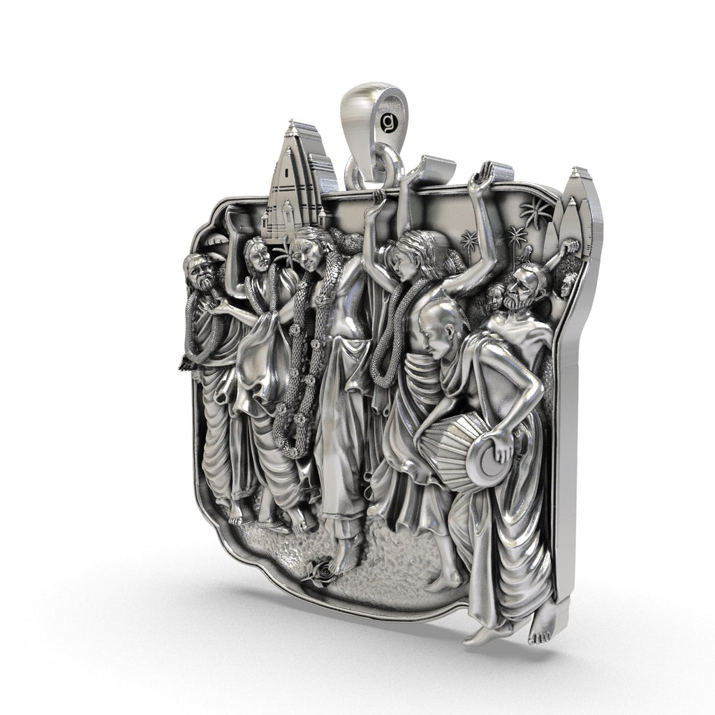 Shri Chaitanya Mahaprabhu and devotees performing kirtan on a sterling silver pendant