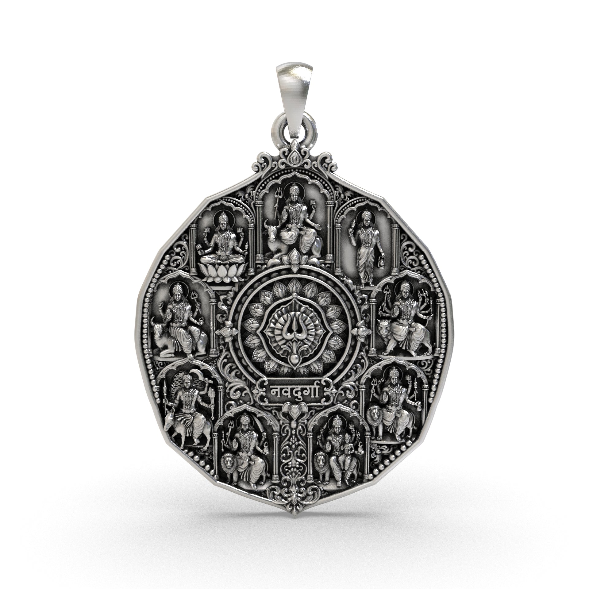 925 silver Navdurga pendant featuring nine forms of Maa Durga and central Trishul Yantra Main image