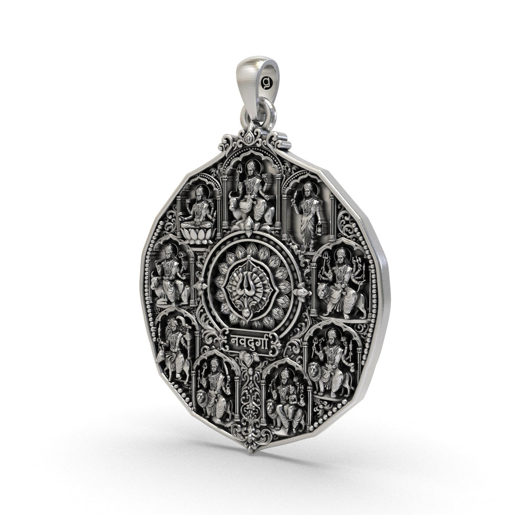Antique oxidized Nav Durga silver locket with nine goddesses in temple-style frames