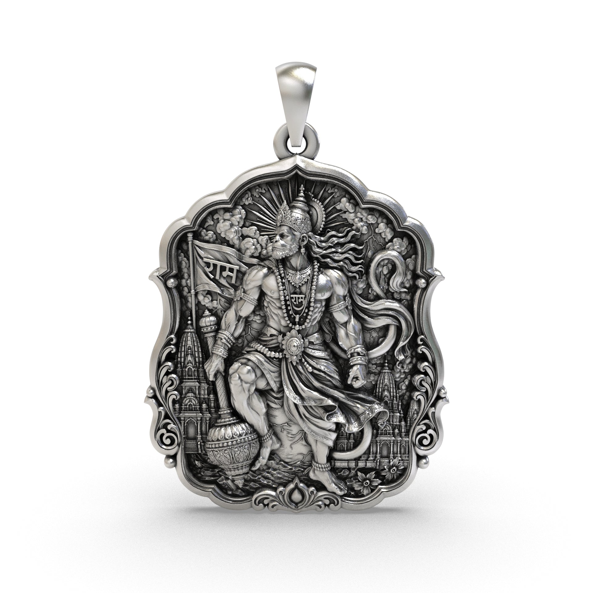 925 silver Veer Hanuman pendant featuring Shri Ram Dhwaja, Gada and antique oxidized finish Main image