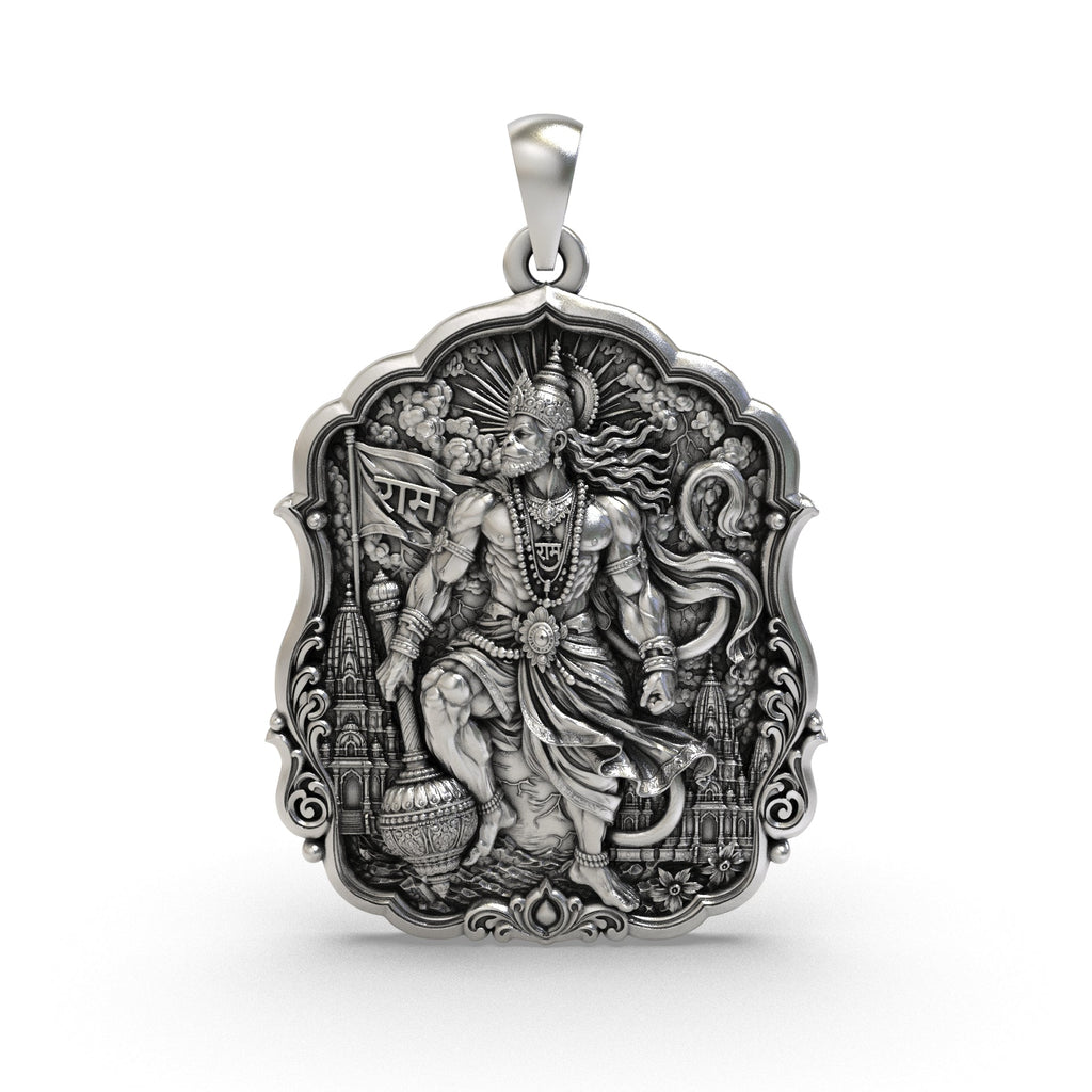 925 silver Veer Hanuman pendant featuring Shri Ram Dhwaja, Gada and antique oxidized finish