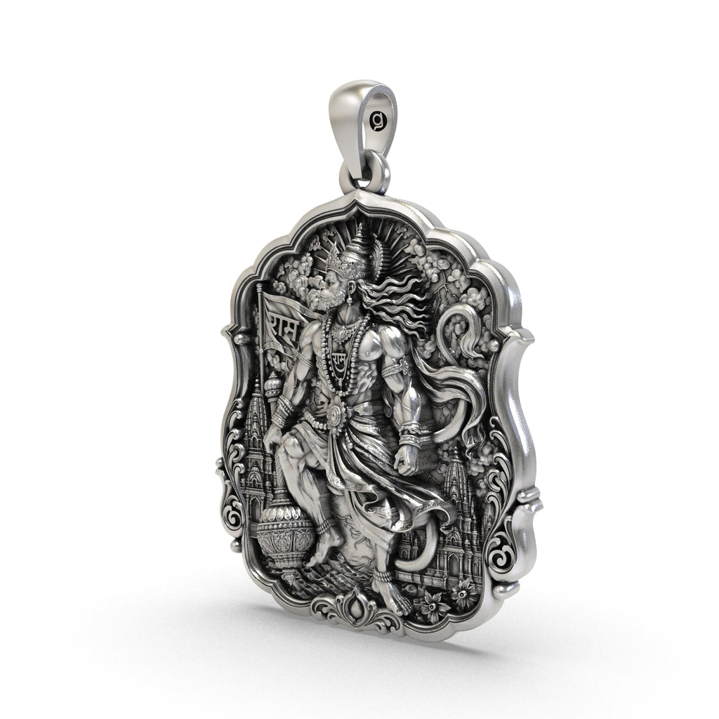 Bajrangbali silver locket holding a Ram flag with detailed temple architecture in the background