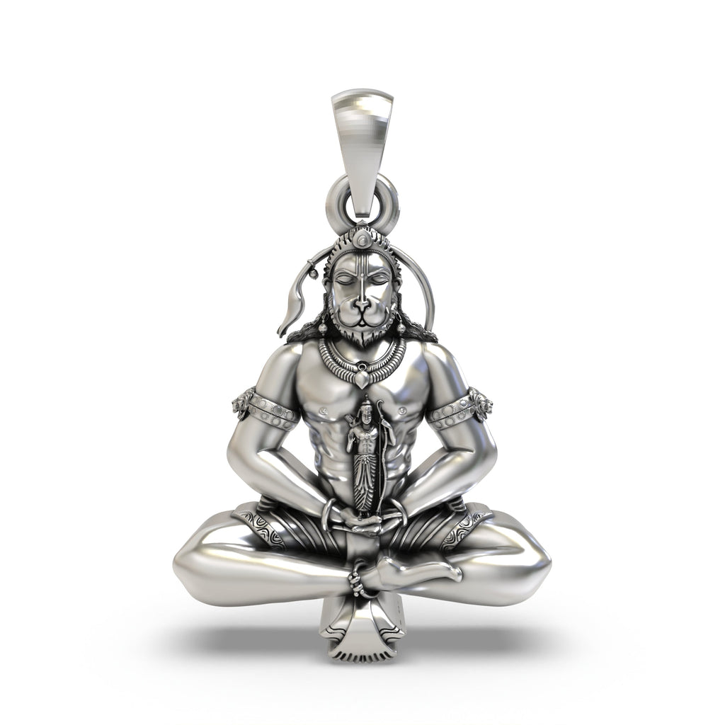 Front view of the Meditating Hanuman Ji Pendant in 925 oxidized silver, showing the serene yogic pose and details.