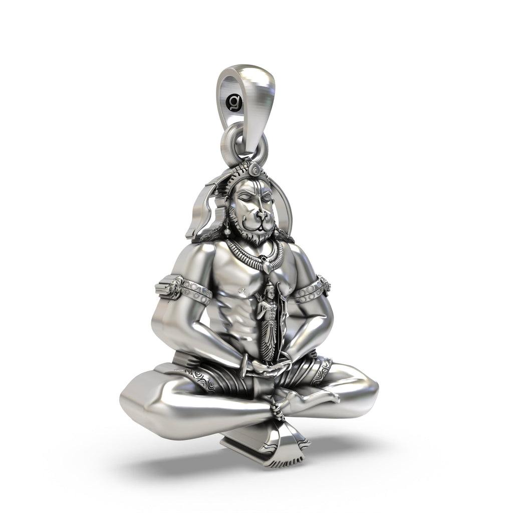Close-up of the Hanuman Ji pendant showing Lord Ram engraved in the heart, crafted from 925 sterling silver.