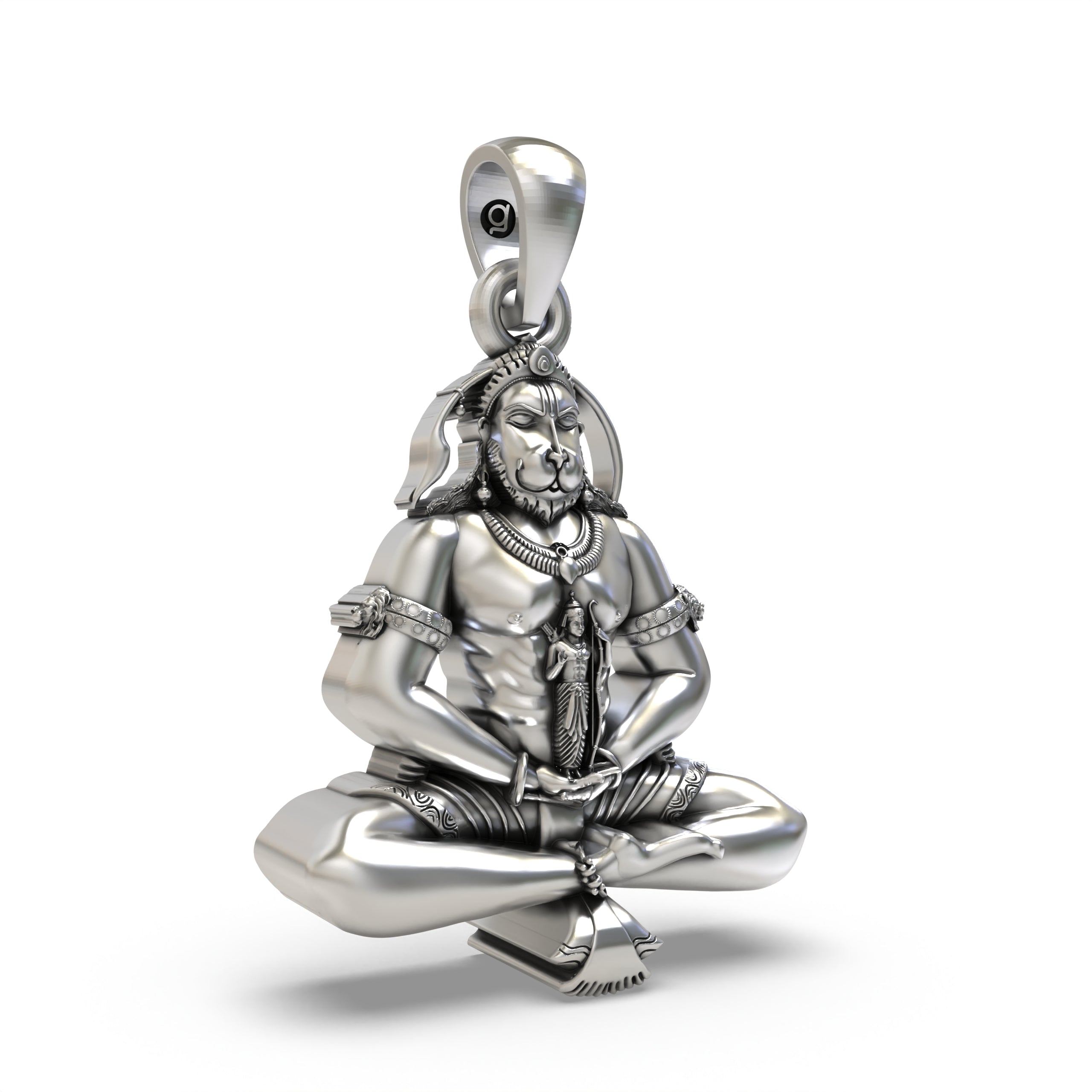 Close-up of the Hanuman Ji pendant showing Lord Ram engraved in the heart, crafted from 925 sterling silver.