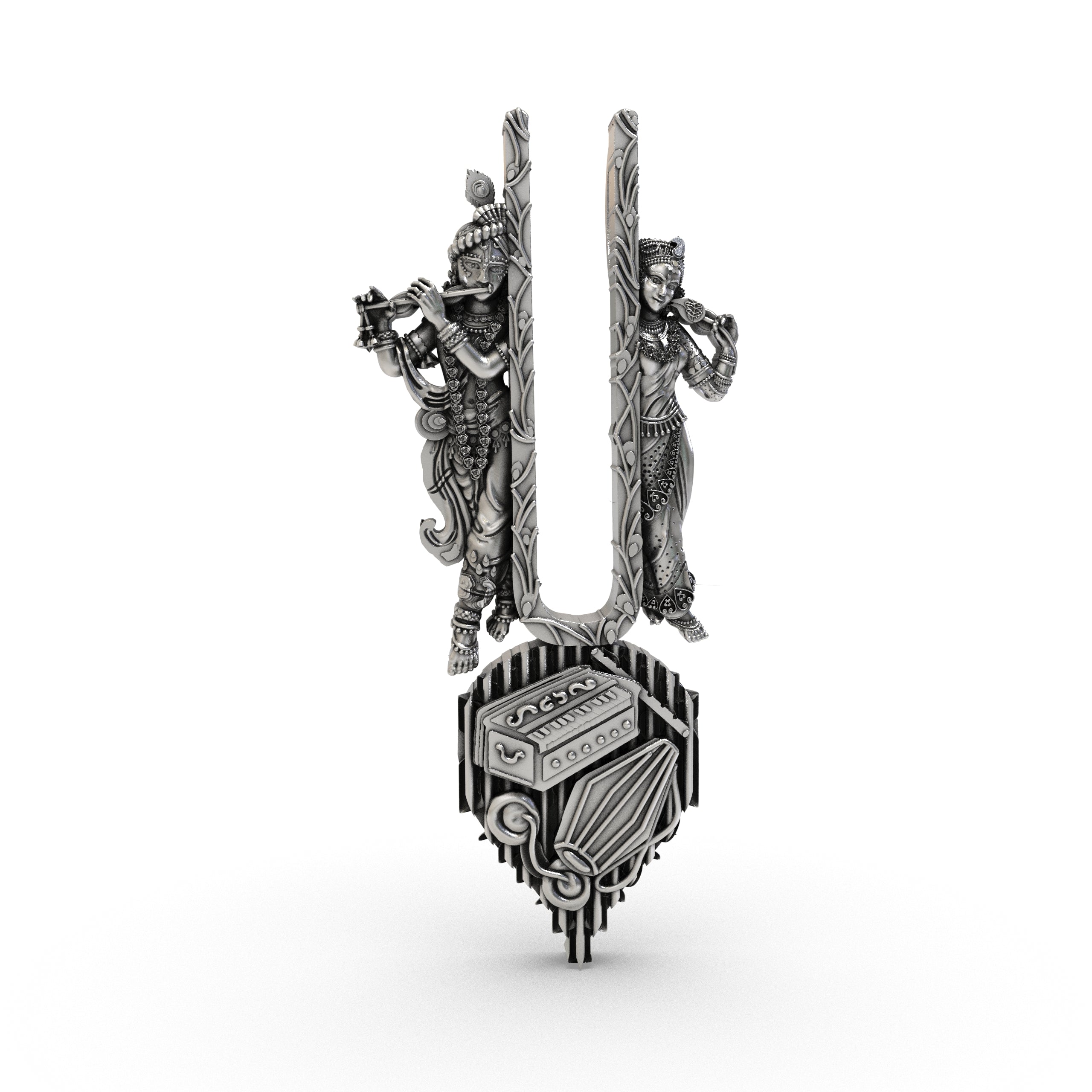 Front view of the Radha Krishna musical Vaishnav tilak pendant in 925 oxidized silver, showing the divine couple.