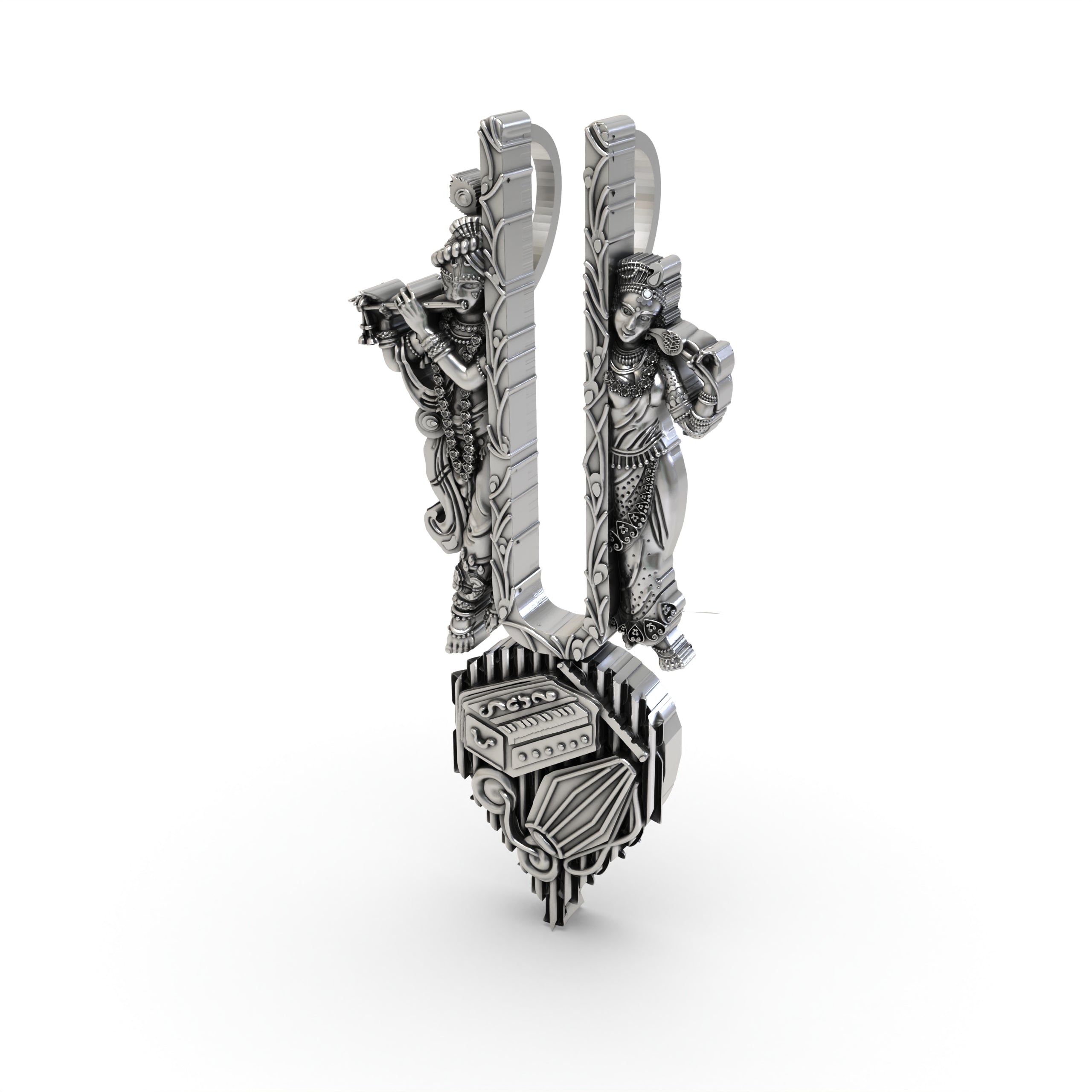 The Radha Krishna musical tilak pendant in 925 sterling silver, shown against a neutral background for scale.