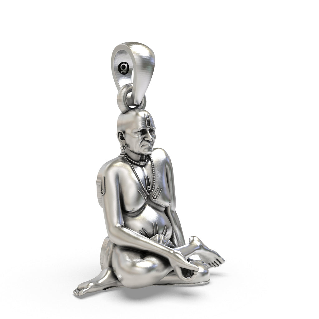 Close-up detail of the handcrafted Swami Samarth Guru pendant in 925 silver, showcasing its antique look.