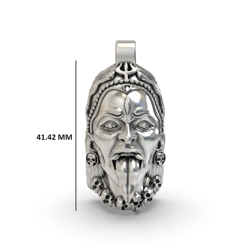 Close-up detail of the oxidized 925 silver Kali Maa face pendant focusing on the skull-cup and severed head.