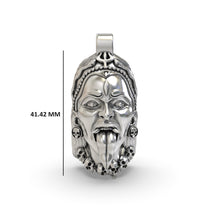 Close-up detail of the oxidized 925 silver Kali Maa face pendant focusing on the skull-cup and severed head.
