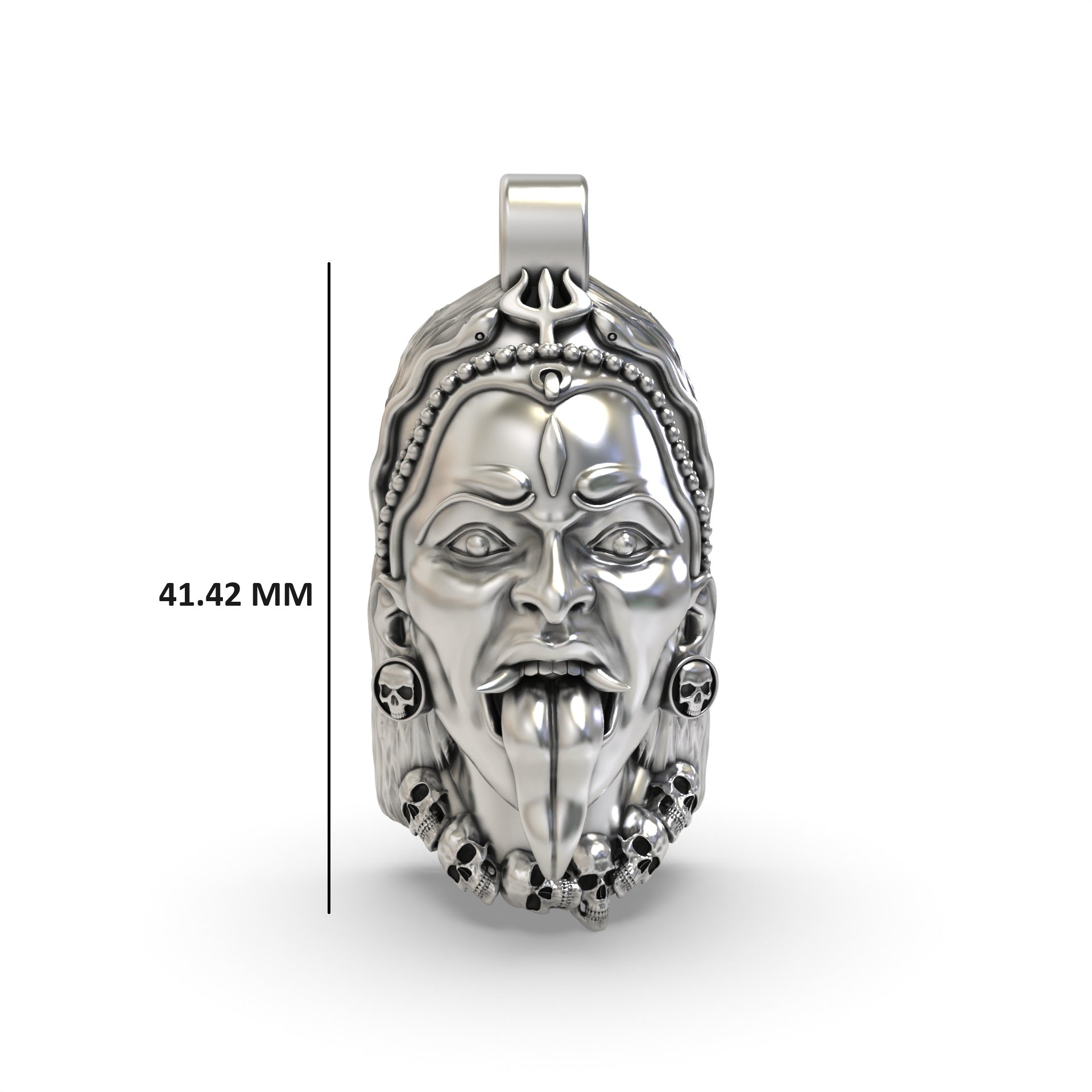 Close-up detail of the oxidized 925 silver Kali Maa face pendant focusing on the skull-cup and severed head.