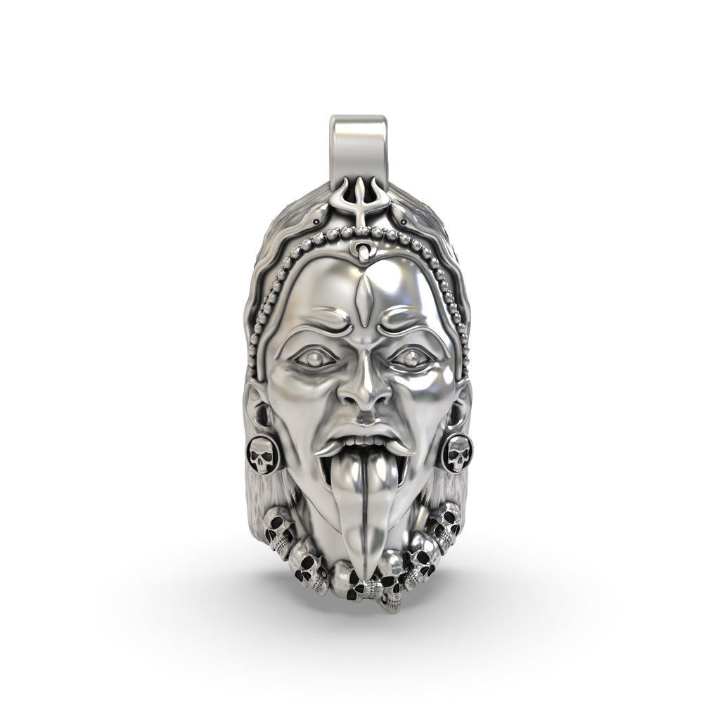 Front view of the detailed 925 silver Kali Maa face pendant showing her fierce expression and oxidized finish.