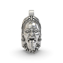 Front view of the detailed 925 silver Kali Maa face pendant showing her fierce expression and oxidized finish.