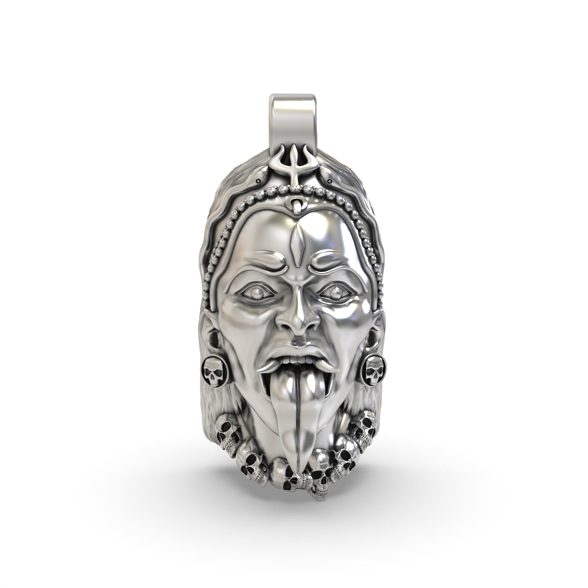 Front view of the detailed 925 silver Kali Maa face pendant showing her fierce expression and oxidized finish.