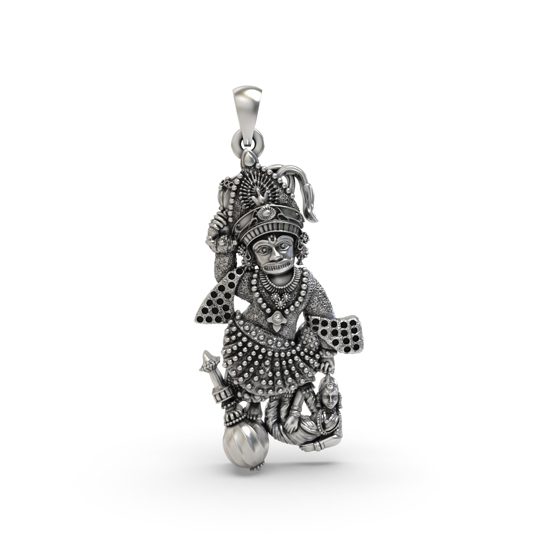 Front view of the Salangpur Kashtabhanjan Hanumanji pendant crafted in oxidized 925 sterling silver. Main image