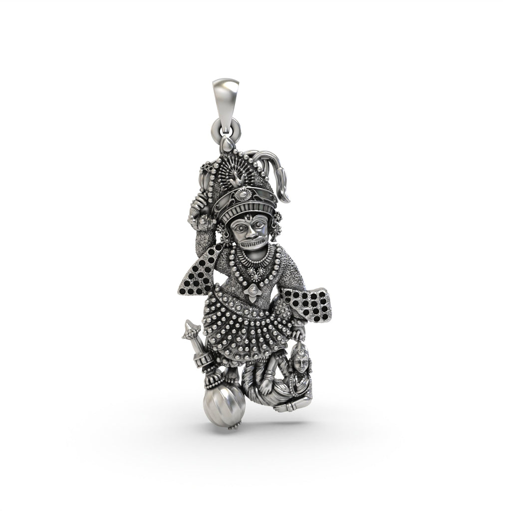 Front view of the Salangpur Kashtabhanjan Hanumanji pendant crafted in oxidized 925 sterling silver.