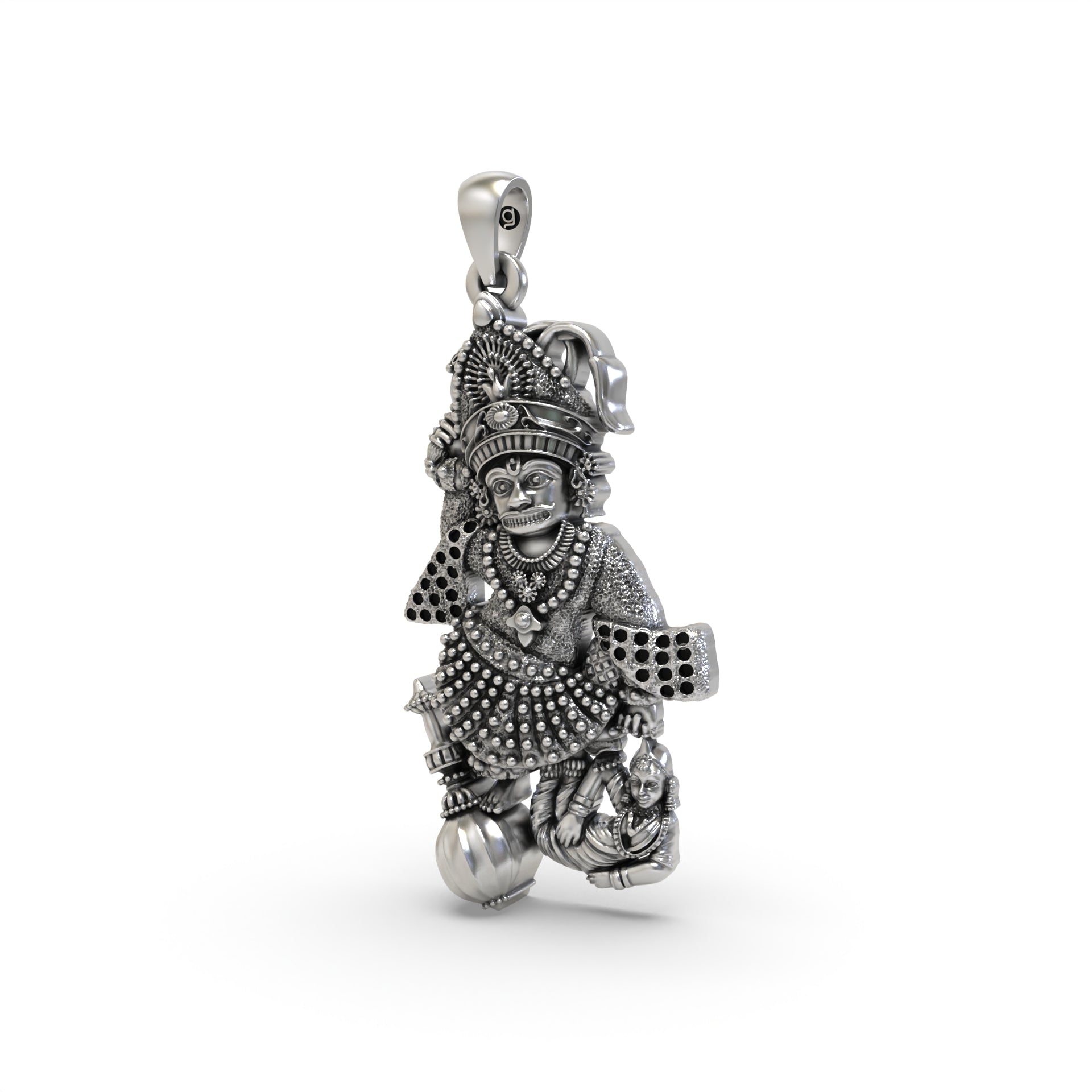A close-up of the Kashtabhanjan Hanumanji silver pendant highlighting the divine features and oxidized finish.