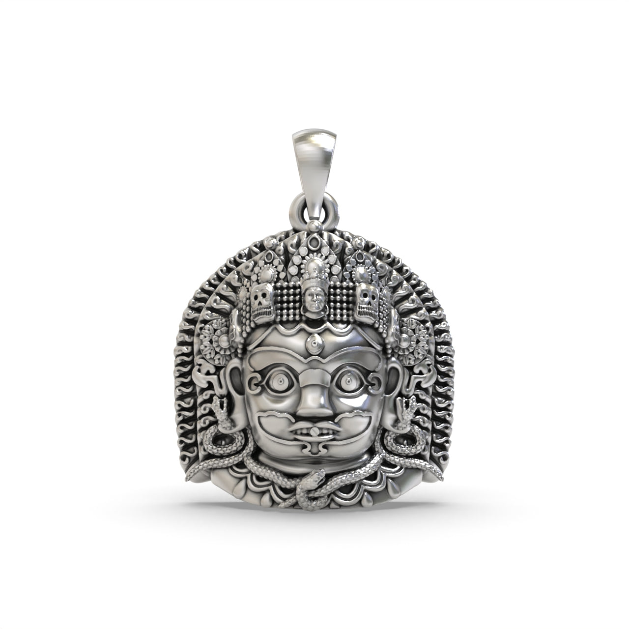 Front view of a 925 sterling silver Kaal Bhairav pendant, showing the deity's face with a detailed oxidized finish. Main image