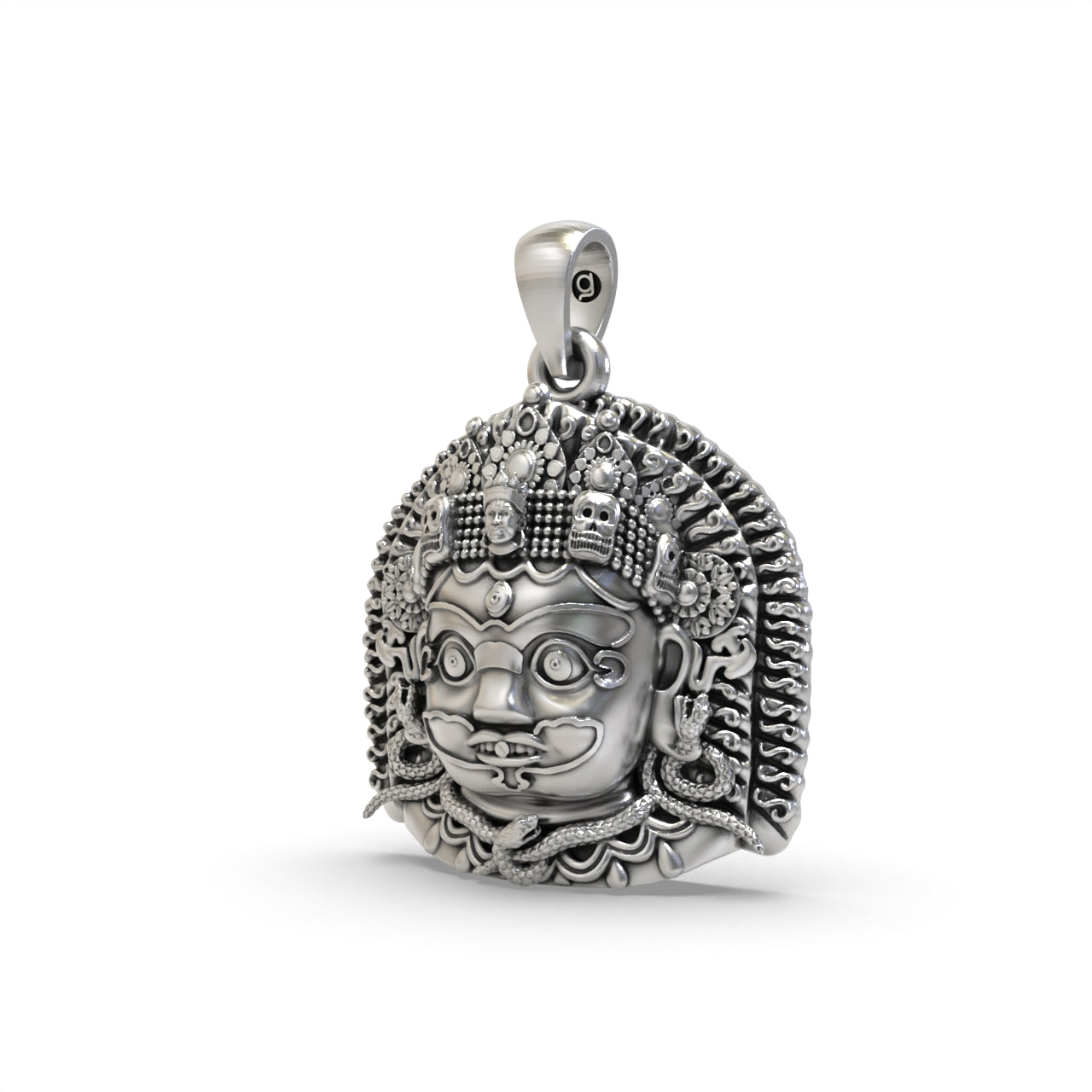 Angled profile of the sterling silver Kaal Bhairav pendant, highlighting the intricate craftsmanship and sculptural details.