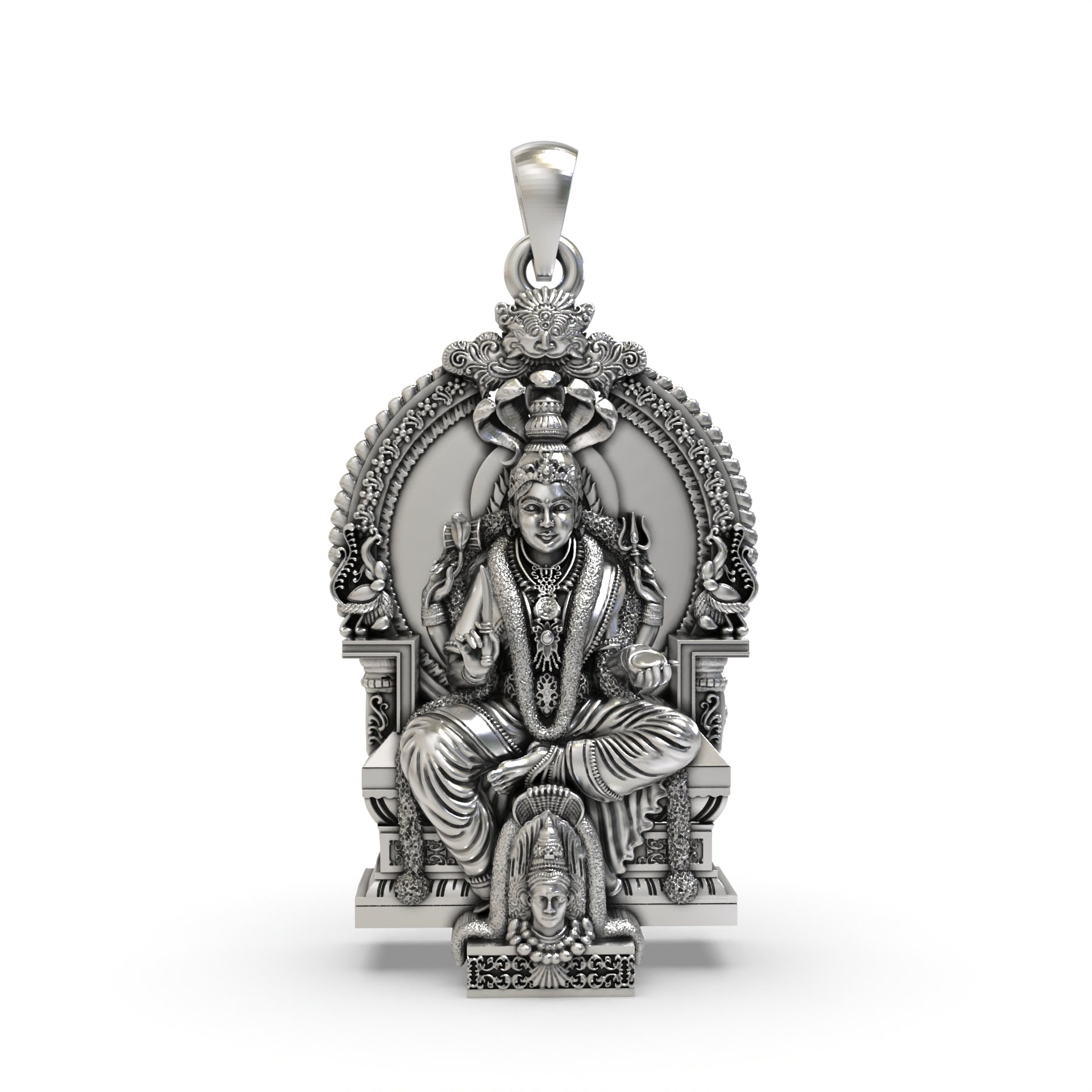 Front view of the 925 Sterling Silver Mariamman Locket, showcasing the intricate details of the Hindu goddess.