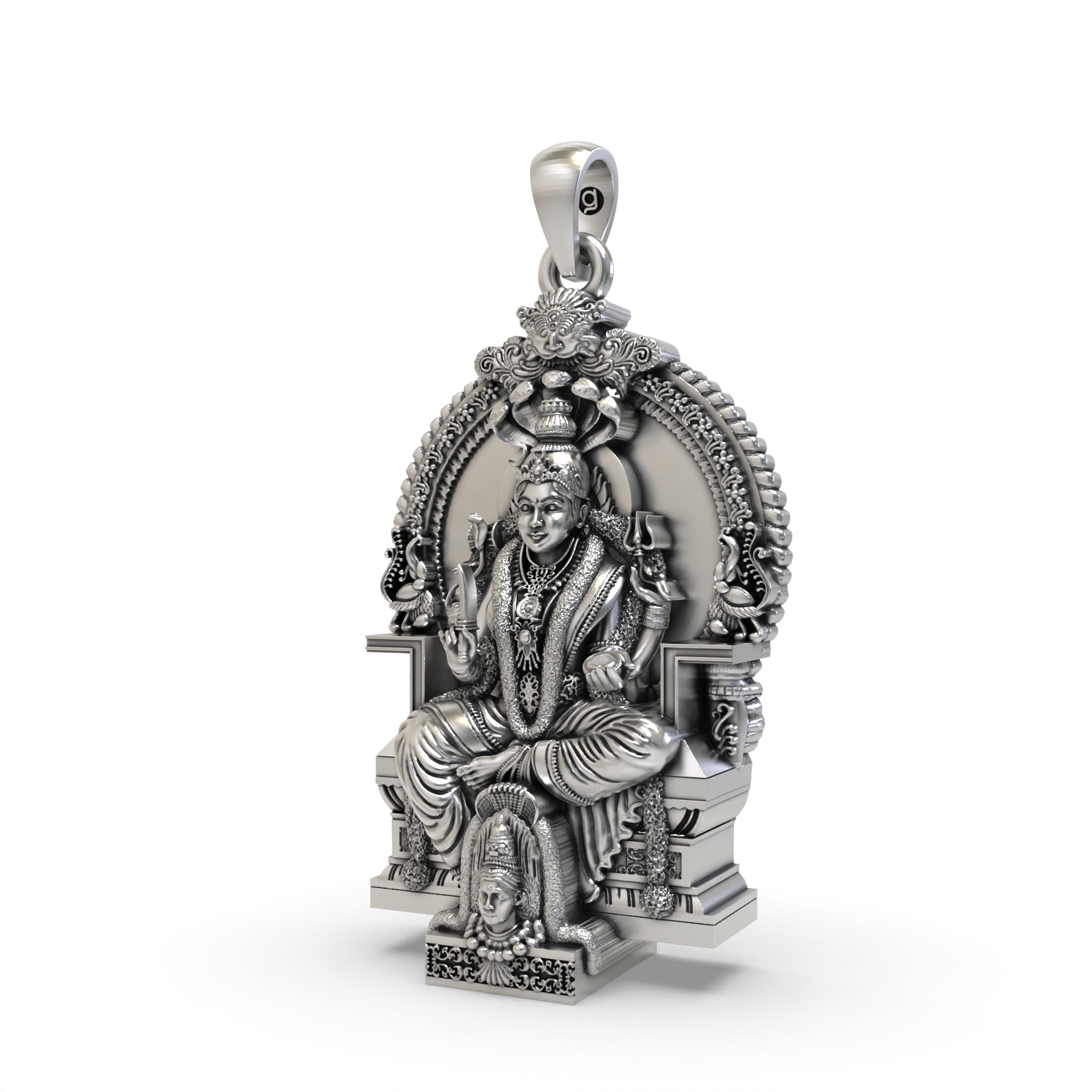 Angled profile of the oxidized Mariamman locket, highlighting its polished 925 silver craftsmanship and depth.