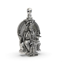 Close-up detail of the Indian spiritual Mariamman pendant, showing the serene facial expression in sterling silver.