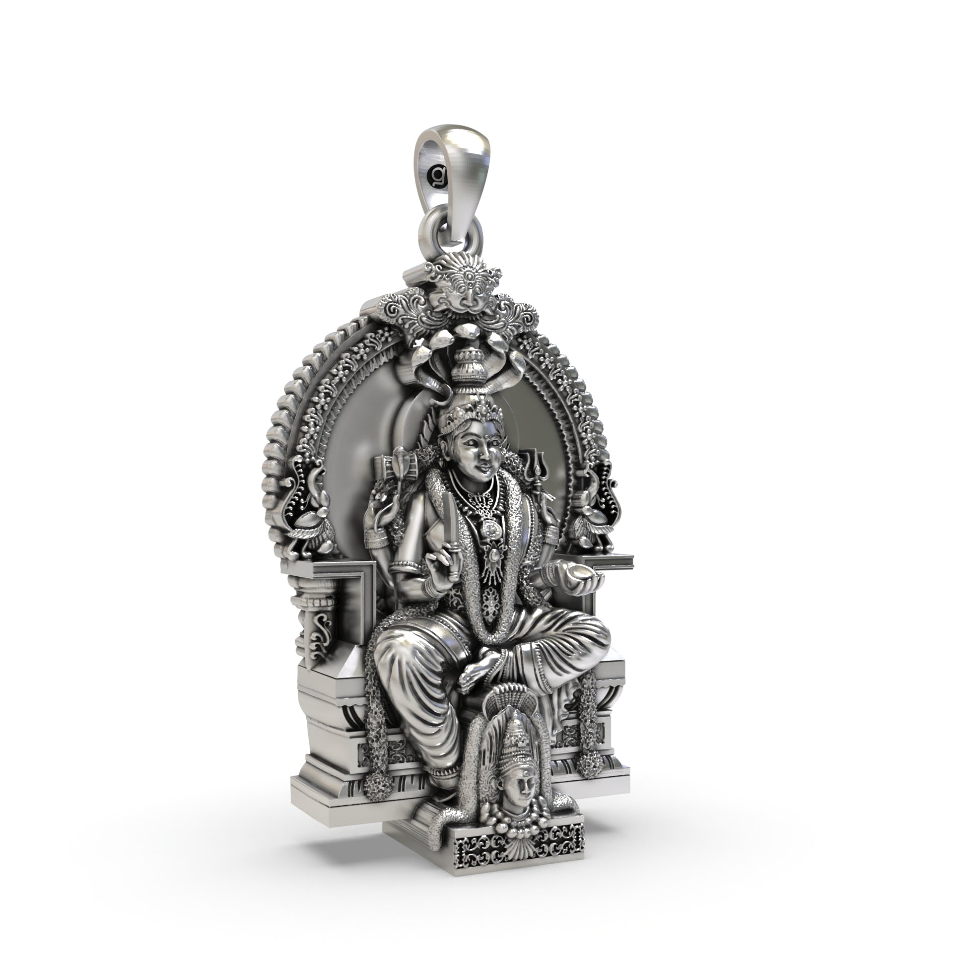 Close-up detail of the Indian spiritual Mariamman pendant, showing the serene facial expression in sterling silver.
