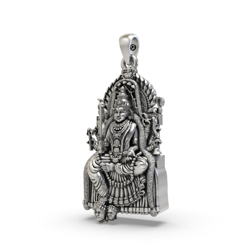 Angled perspective of the oxidized Samayapuram Mariamman locket, highlighting its polished 925 silver details.