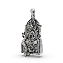 Angled perspective of the oxidized Samayapuram Mariamman locket, highlighting its polished 925 silver details.