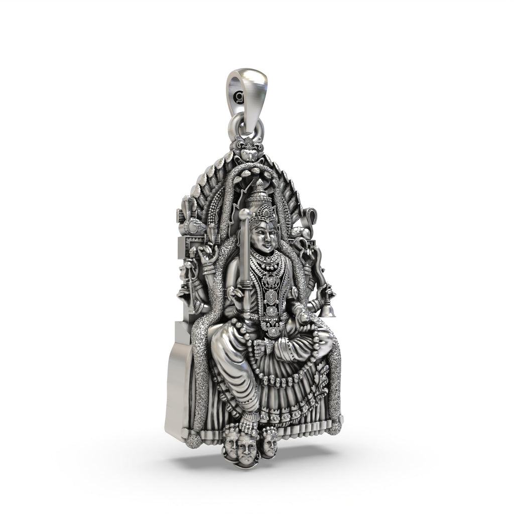 Detailed close-up of the Samayapuram Mariamman silver locket, showing the intricate craftsmanship on the deity.