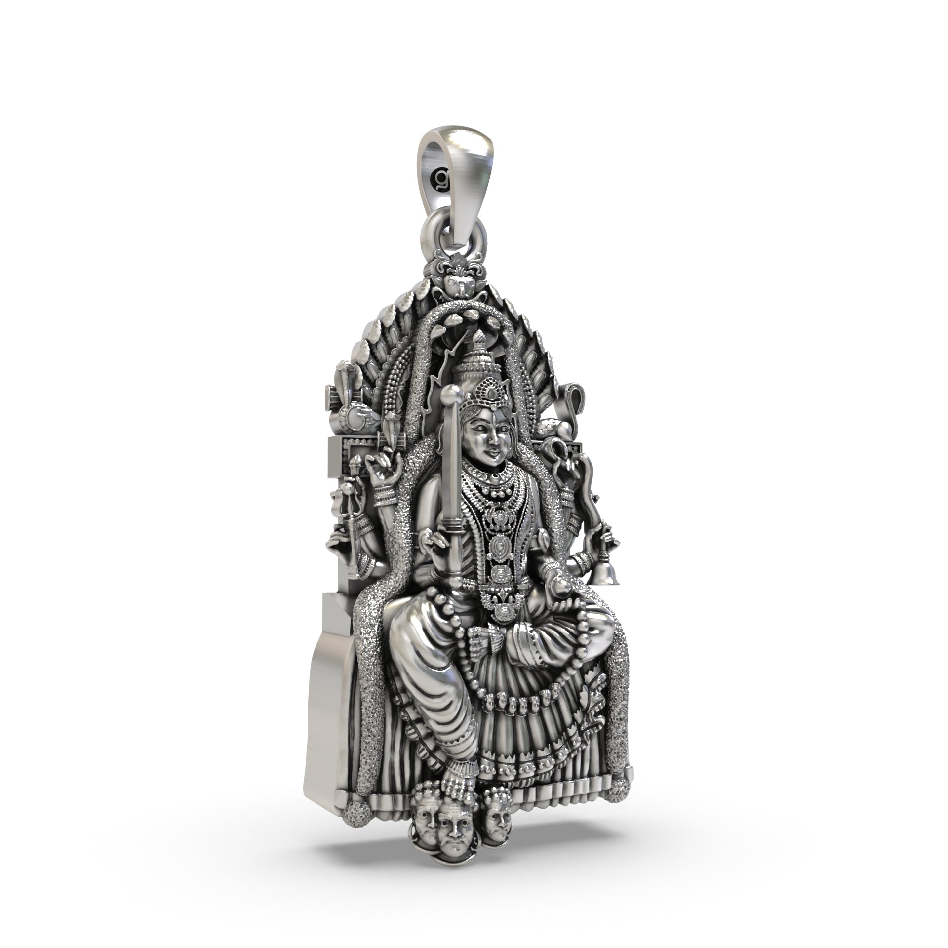 Detailed close-up of the Samayapuram Mariamman silver locket, showing the intricate craftsmanship on the deity.