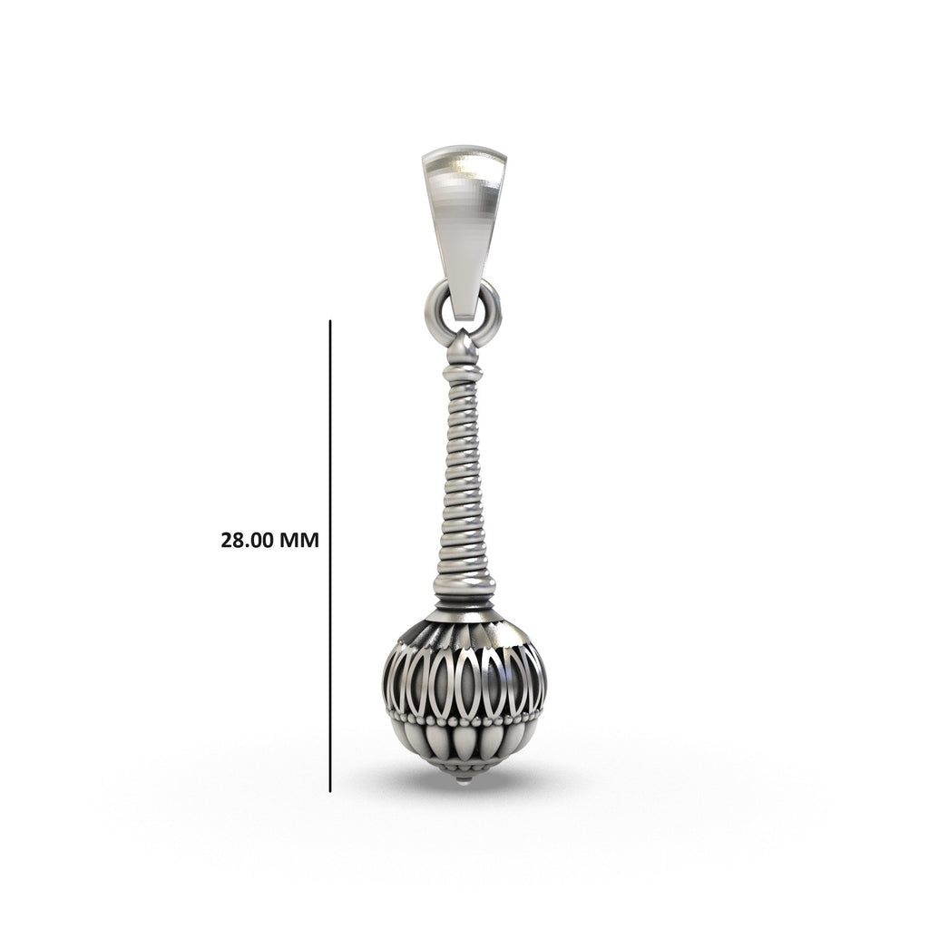 Side profile of the sterling Silver Gada Pendant, showing its dimensions and the elegant oxidized texture on the mace head.