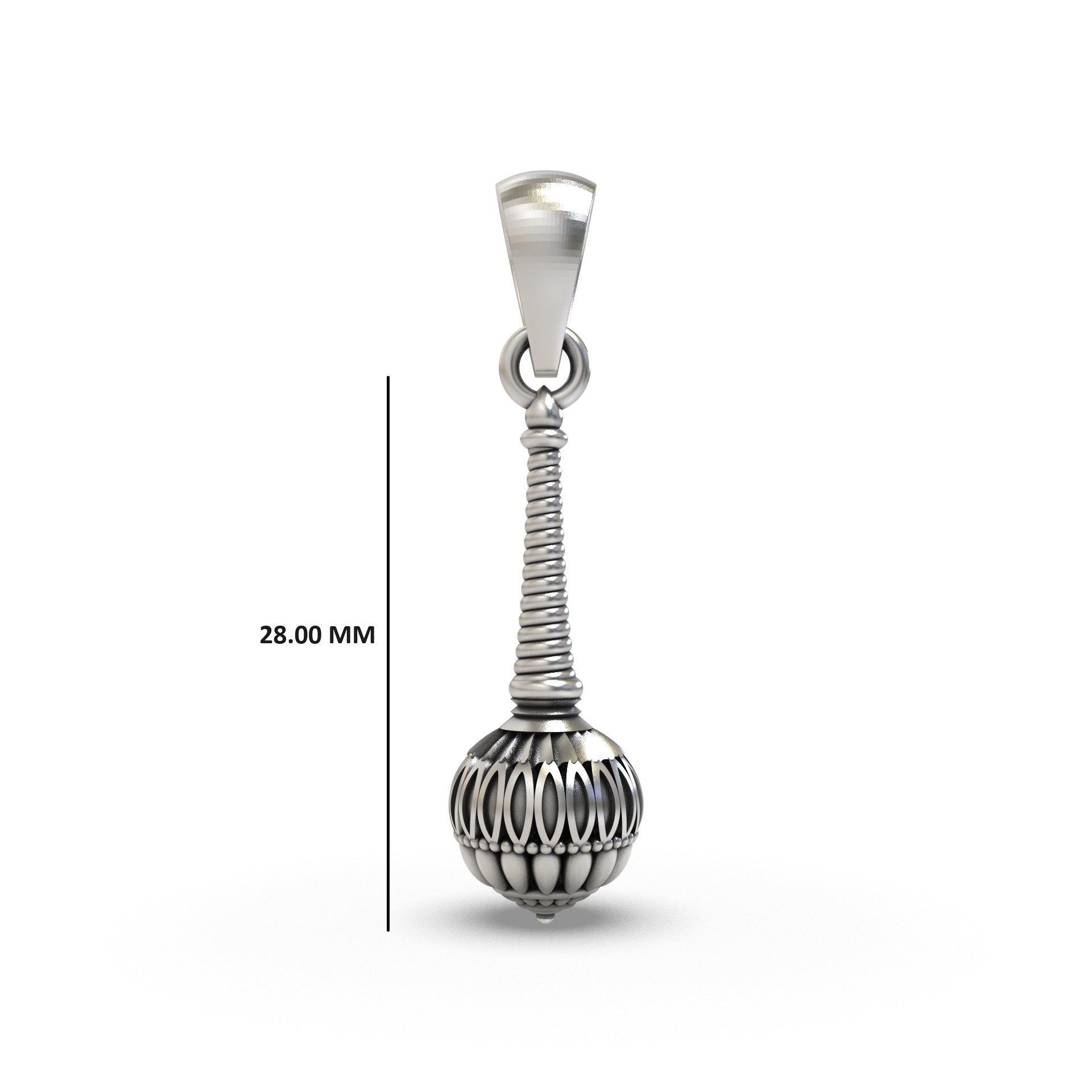 Side profile of the sterling Silver Gada Pendant, showing its dimensions and the elegant oxidized texture on the mace head.