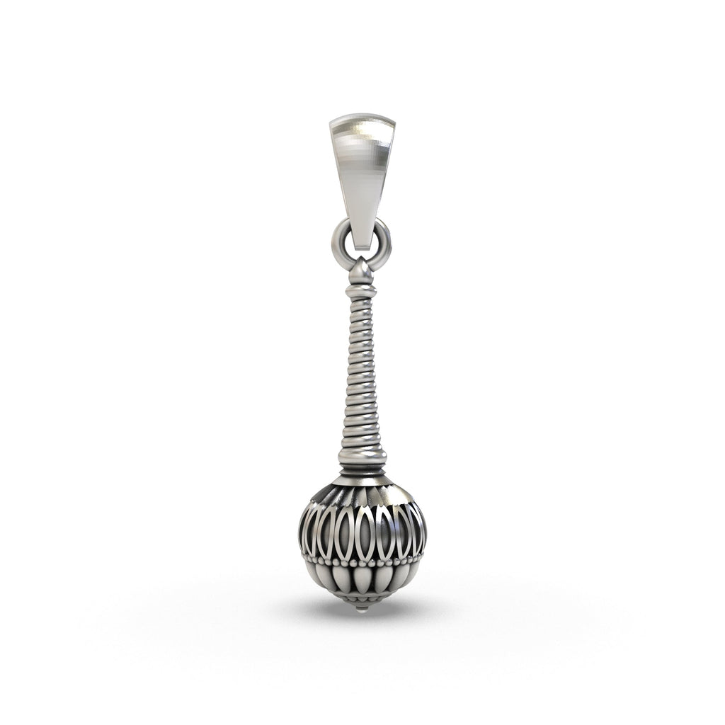 Front view of the Alankar Silver Gada Pendant, showcasing the intricate design of the Hanuman mace in oxidized 925 silver.