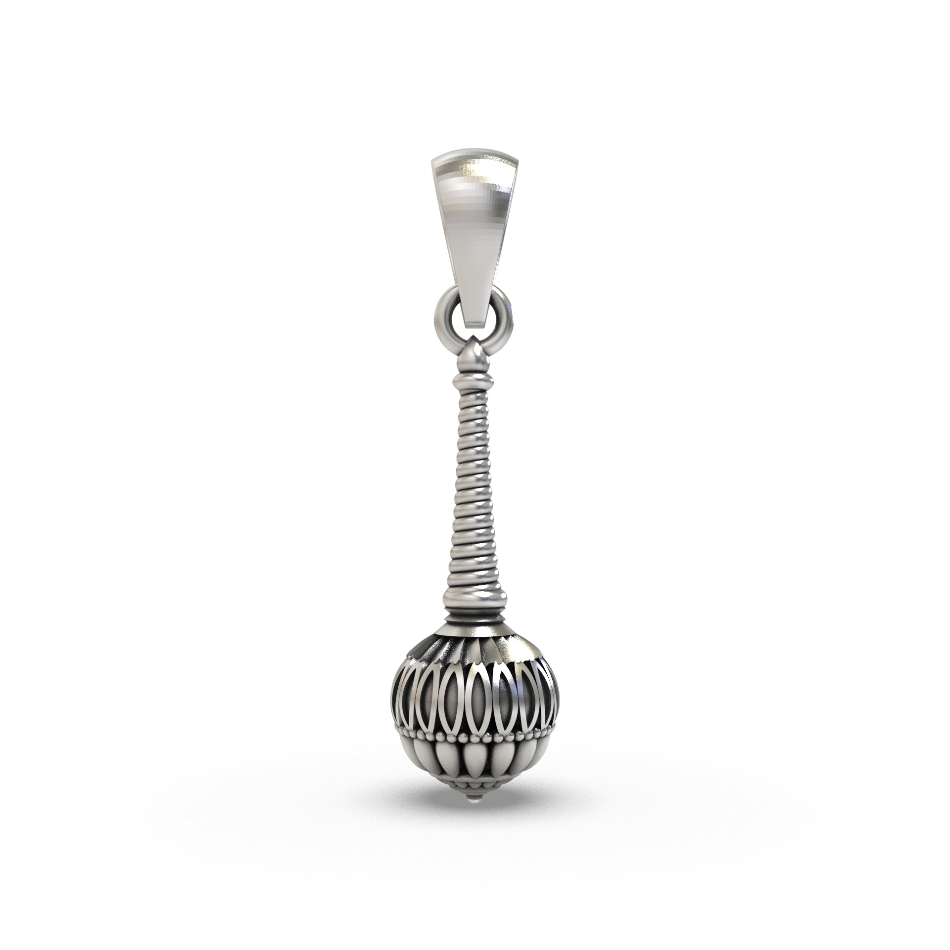 Front view of the Alankar Silver Gada Pendant, showcasing the intricate design of the Hanuman mace in oxidized 925 silver.