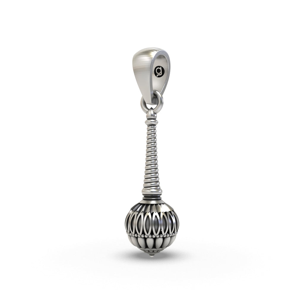 Angled view of the Hanuman mace Silver Gada Pendant, crafted from 925 sterling silver with a distinct and bold oxidized look.