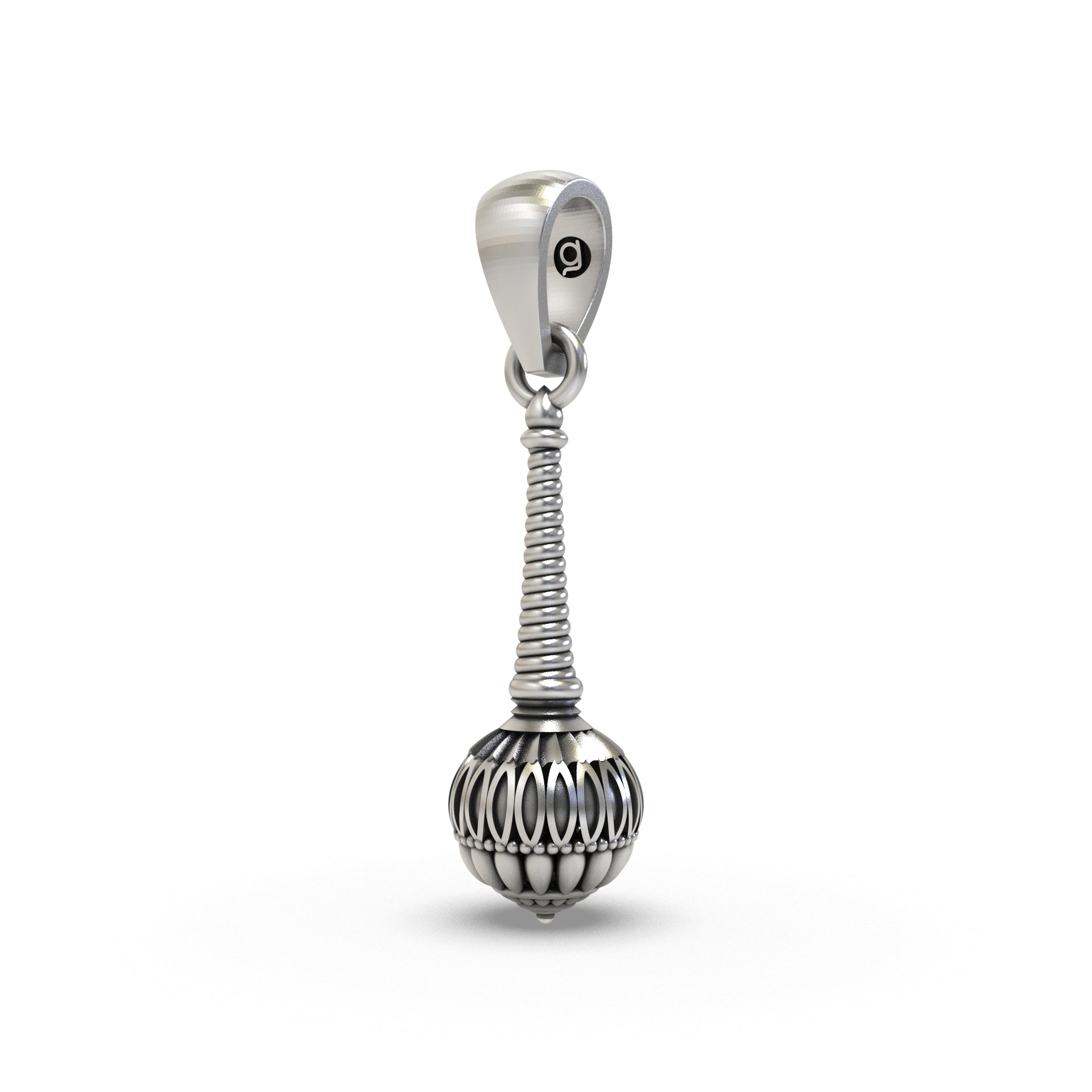 Angled view of the Hanuman mace Silver Gada Pendant, crafted from 925 sterling silver with a distinct and bold oxidized look.