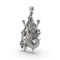 Angled profile of the oxidized Matsya Avatar Silver Pendant highlighting its handcrafted details.