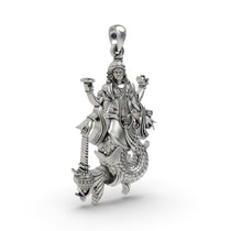 Close-up detail of the Matsya Avatar Pendant in sterling silver, showing the chakra, conch, and gada.