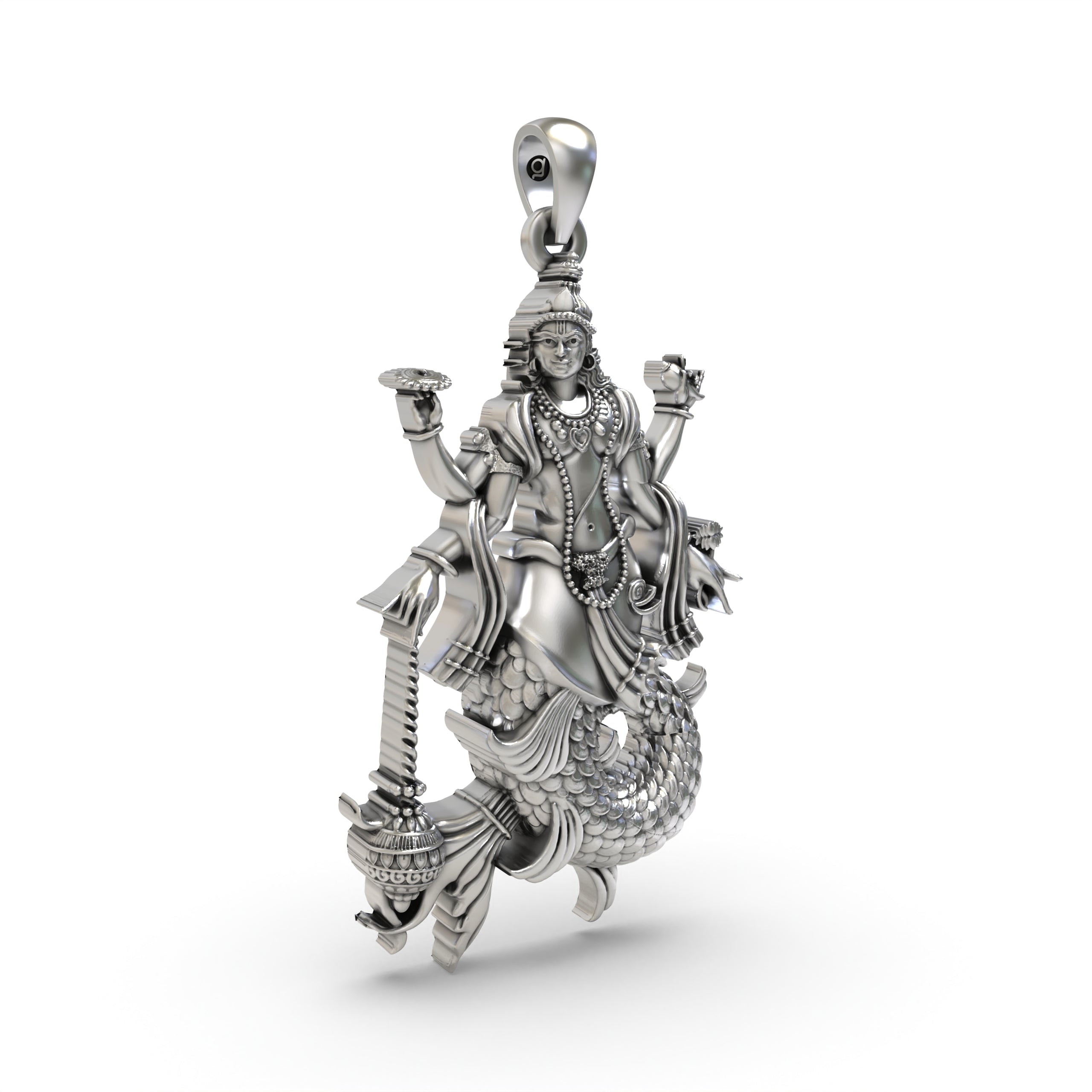 Close-up detail of the Matsya Avatar Pendant in sterling silver, showing the chakra, conch, and gada.