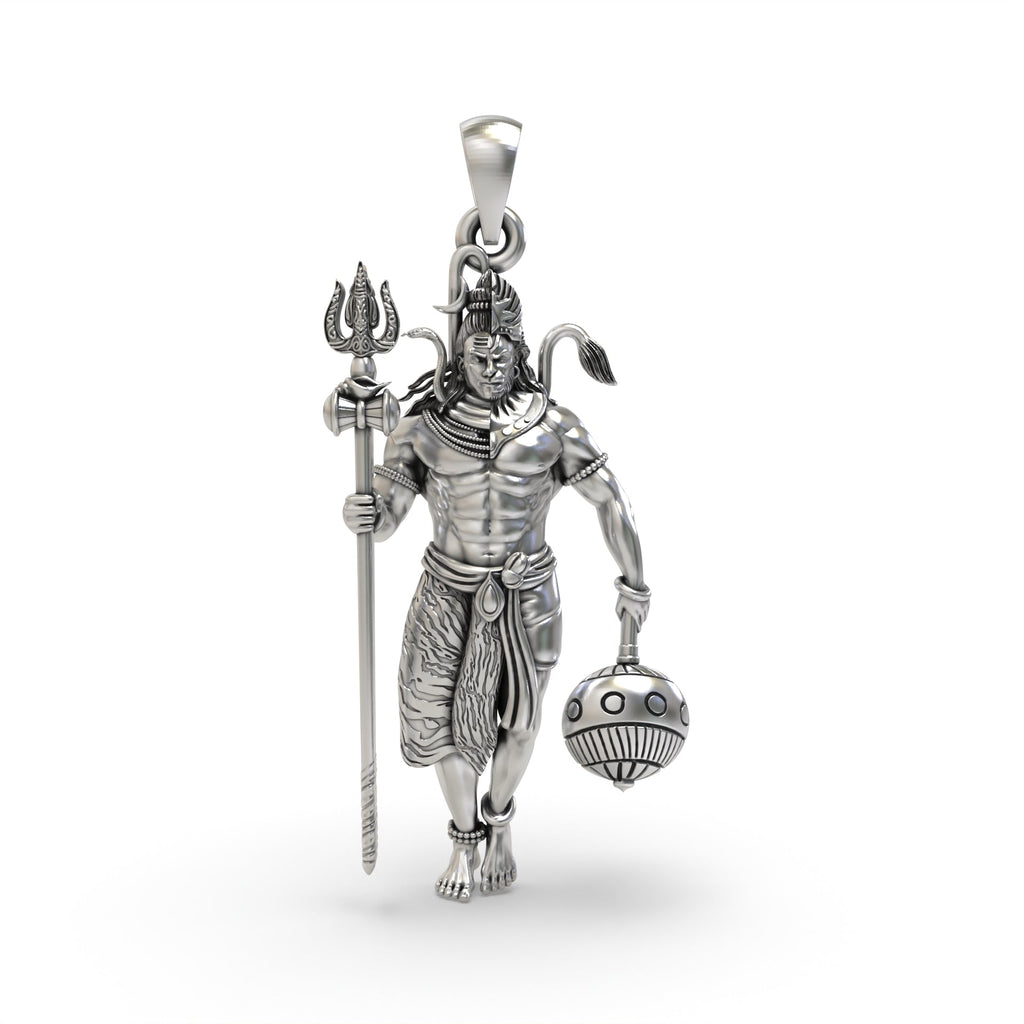 Front view of the oxidized 925 silver Shiv and Hanumanji pendant, showcasing the detailed depiction of both deities.