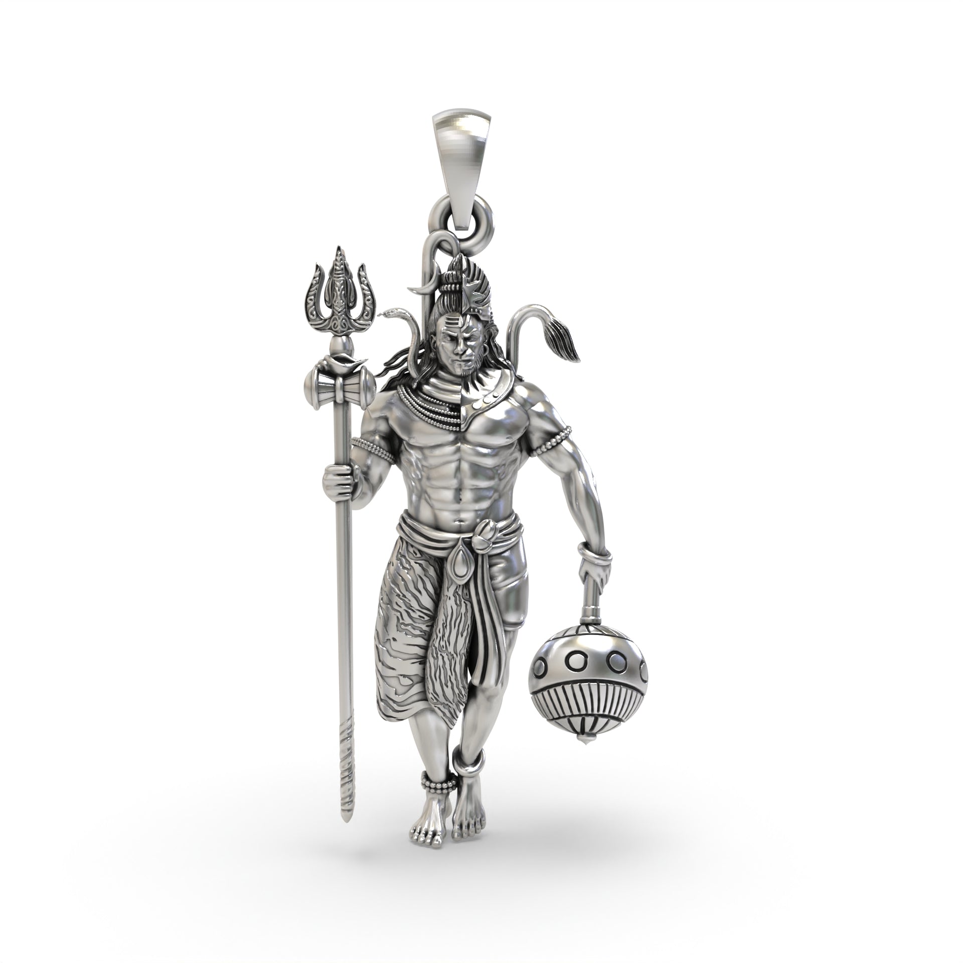 Front view of the oxidized 925 silver Shiv and Hanumanji pendant, showcasing the detailed depiction of both deities.