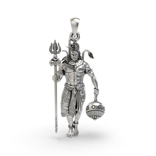 Front view of the oxidized 925 silver Shiv and Hanumanji pendant, showcasing the detailed depiction of both deities.