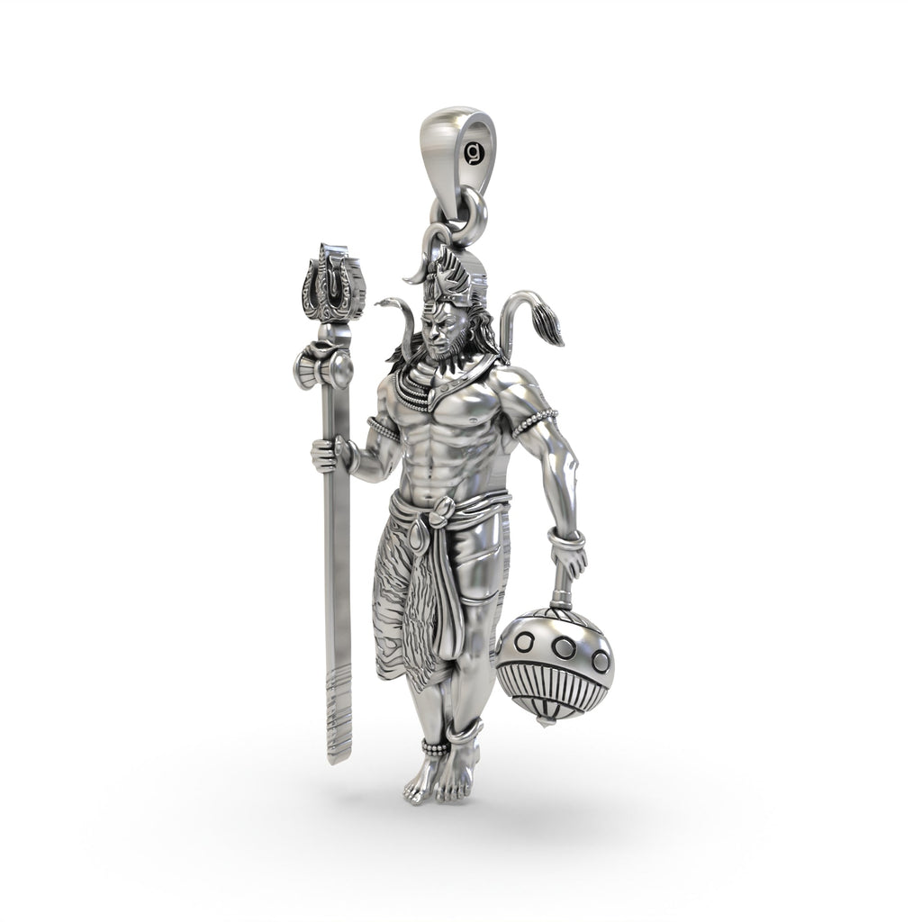 An angled profile view of the Shiv and Hanumanji 925 silver pendant, highlighting its antique oxidized finish.